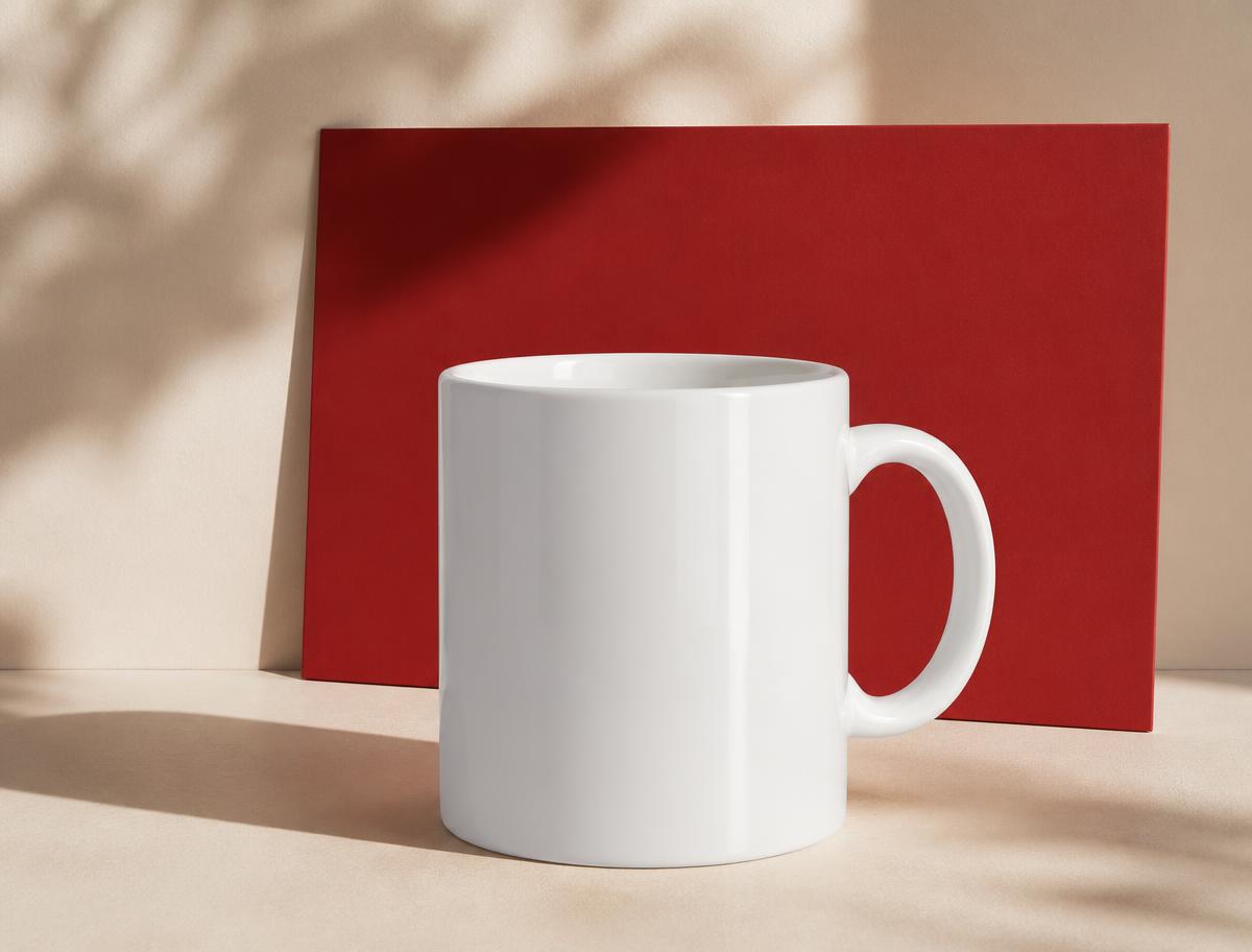 Caneca de porcelana branca sobre fundo vermelho